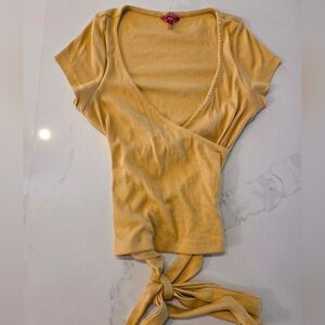 Guess Ribbed Plunge Neck Tie Back Mustard Crop Top